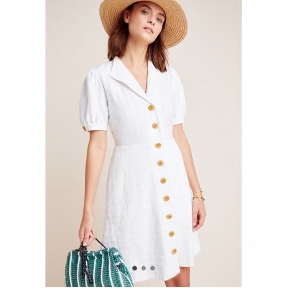 Maeve Anthropologie White Collared Button Front Dress Size M Puff Sleeves *C2 - Picture 6 of 6